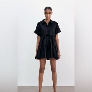 Zara Black Oxford Mini Tiered Babydoll Shirt Dress
